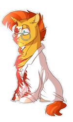 Size: 1200x2000 | Tagged: safe, artist:shimazun, sunburst, pony, unicorn, clothes, glasses, lab coat, male, messy, not blood, shirt, shrunken pupils, simple background, solo, stallion, transparent background