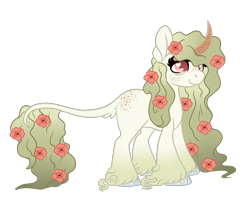 Size: 1390x1124 | Tagged: safe, artist:angei-bites, oc, oc only, original species, unicorn, body freckles, curved horn, female, flower, flower in hair, flower in tail, freckles, heart eyes, leonine tail, mare, simple background, solo, transparent background, wingding eyes