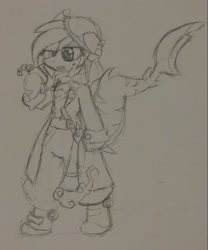 Size: 1021x1225 | Tagged: safe, artist:mystic bolt, oc, oc only, oc:mystic bolt, original species, shark pony, clothes, gun, monochrome, pirate, pocket watch, simple background, steampunk, traditional art, weapon