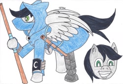 Size: 1609x1092 | Tagged: safe, artist:jamestkelley, oc, oc only, oc:silver lining, pegasus, pony, amputee, blowgun, prosthetic limb, prosthetics, rogue, solo, staff, traditional art