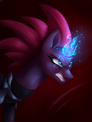 Size: 1600x2133 | Tagged: safe, artist:icelectricspyro, tempest shadow, pony, unicorn, my little pony: the movie, angry, armor, broken horn, dark background, electricity, female, gradient background, magic, mare, solo, sparking horn