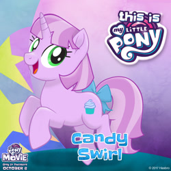 Size: 1080x1080 | Tagged: safe, oc, oc only, oc:candy swirl, unicorn, my little pony: the movie, bow, mlp movie pony maker, my little pony logo, rearing, tail bow, title drop