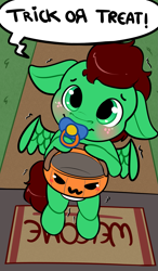 Size: 1225x2100 | Tagged: safe, artist:zombineko, oc, oc only, oc:northern haste, pony, semi-anthro, anthro oc, baby, baby pony, cute, diaper, foal, halloween, holiday, pacifier, pumpkin bucket, shy, solo, trick or treat, ych result