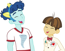 Size: 3775x3001 | Tagged: safe, artist:cloudyglow, curly winds, some blue guy, wiz kid, equestria girls, rainbow rocks, background human, bowtie, clothes, eyes closed, laughing, male, shirt, simple background, transparent background, vector, wizwinds, wondercolts