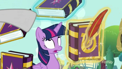 Size: 1920x1080 | Tagged: safe, screencap, twilight sparkle, twilight sparkle (alicorn), alicorn, pony, fame and misfortune, book, discovery family logo