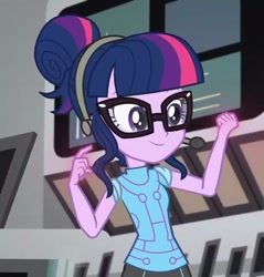 Size: 688x720 | Tagged: safe, screencap, sci-twi, twilight sparkle, eqg summertime shorts, equestria girls, good vibes, clothes, cropped, female, glasses, glowing hands, headset, magic, smiling, solo, telekinesis