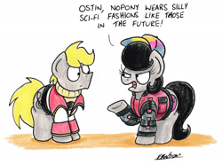 Size: 1939x1432 | Tagged: safe, artist:bobthedalek, oc, oc only, oc:mixed melody, oc:octavia's father, oc:octavia's mother, oc:ostinato melody, pony, back to the future, clothes, hat, jacket, traditional art, unamused