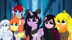 Size: 2880x1620 | Tagged: safe, artist:beavernator, earth pony, pegasus, pony, unicorn, blake belladonna, clothes, crossover, female, mare, penny polendina, ponified, pyrrha nikos, ruby rose, rwby, weiss schnee, yang xiao long