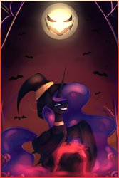 Size: 1000x1500 | Tagged: safe, artist:nutellaakanutella, nightmare moon, alicorn, bat, pony, cauldron, female, full moon, grin, hat, mare, moon, smiling, solo, witch hat