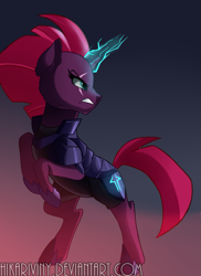 Size: 765x1050 | Tagged: safe, artist:hikariviny, tempest shadow, pony, unicorn, my little pony: the movie, angry, armor, broken horn, eye scar, female, glowing horn, gritted teeth, looking back, magic, mare, rearing, scar, serious, serious face, solo, sparking horn
