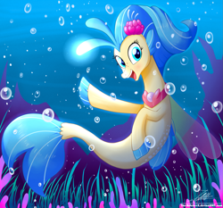Size: 1871x1742 | Tagged: safe, artist:the-butch-x, princess skystar, seapony (g4), my little pony: the movie, bubble, female, fins, open mouth, smiling, solo, underwater