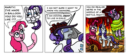 Size: 973x417 | Tagged: safe, artist:gingerfoxy, pinkie pie, rarity, twilight sparkle, twilight sparkle (alicorn), alicorn, pony, unicorn, pony comic generator, balloon, comic, marshmelodrama