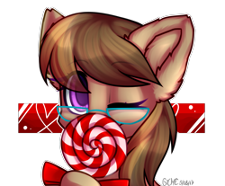 Size: 2415x2000 | Tagged: safe, artist:gicme, oc, oc only, oc:dawnsong, earth pony, pony, bust, candy, colored pupils, cute, ear fluff, female, filly, food, glasses, lollipop, one eye closed, portrait, simple background, solo, transparent background, wink, ych result