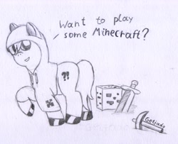 Size: 1744x1419 | Tagged: safe, artist:geljado, oc, oc only, earth pony, pony, clothes, hoodie, minecraft, monochrome, ore, pickaxe, shiny hoof, solo, sword, weapon