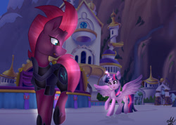 Size: 1024x729 | Tagged: safe, artist:lymesun, tempest shadow, twilight sparkle, twilight sparkle (alicorn), alicorn, pony, my little pony: the movie, armor, broken horn, canterlot, crying, eye scar, female, glowing horn, mare, open mouth, sad, scar