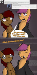 Size: 750x1500 | Tagged: safe, artist:conmanwolf, scootaloo, scooteroll, oc, oc:orion comet, pony, fanfic:rainbow factory, ask factory scootaloo, clothes, comic, factory scootaloo, rule 63, static