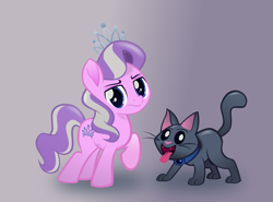 Size: 809x600 | Tagged: safe, artist:magerblutooth, diamond tiara, oc, oc:dazzle, cat, pony, movie accurate