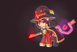 Size: 3000x2000 | Tagged: safe, artist:sugarstar, pony, unicorn, cloak, clothes, collar, costume, crossover, dress, female, hat, horn, konosuba, looking at you, magic, mare, megumin, ponified, simple background, skirt, smiling, socks, solo, staff, standing