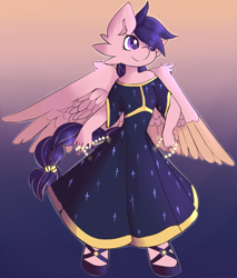 Size: 2235x2626 | Tagged: safe, artist:fluffleduckle, oc, oc only, oc:night flush, anthro, pegasus, unguligrade anthro, clothes, dress, simple background, solo, stars