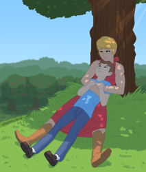 Size: 5800x6800 | Tagged: safe, artist:carnifex, big macintosh, oc, oc:anon, human, absurd resolution, apple tree, canon x oc, crossdressing, dappled sunlight, femboy, humanized, male, sweet apple acres, tree