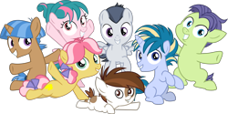 Size: 6132x3067 | Tagged: safe, artist:frownfactory, cucumber seed, kettle corn, mocha berry, pipsqueak, rumble, skeedaddle, tulip swirl, earth pony, pegasus, pony, unicorn, marks and recreation, .svg available, absurd resolution, colt, female, filly, horn, male, simple background, svg, transparent background, two toned mane, two toned tail, vector, wings