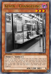 Size: 813x1185 | Tagged: safe, edit, kevin (changeling), changeling, card game, food, metro, sitting, solo, subway, subway trains, tcg editor, trading card edit, train, yu-gi-oh!, yugioh card