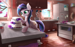 Size: 3840x2400 | Tagged: safe, artist:aurelleah, oc, oc only, oc:night flour, pony, unicorn, baking, bipedal, book, cake, chest fluff, clothes, commission, curtains, cute, detailed background, female, flour, flower, food, hat, high res, indoors, kitchen, mare, milk, oven, realistic, sink, smiling, solo, stove, wedding cake, window