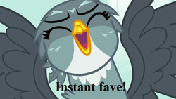 Size: 640x360 | Tagged: safe, edit, edited screencap, screencap, gabby, griffon, the fault in our cutie marks, bust, cute, eyes closed, gabbybetes, happy, open mouth, portrait, reaction image, solo