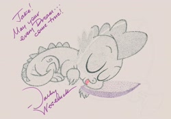 Size: 4028x2820 | Tagged: safe, artist:thestipplebrony, spike, dragon, pointillism, signature, sleeping, solo, spiked punch, stipple, traditional art