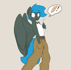 Size: 2000x1950 | Tagged: safe, artist:finewine-toons, oc, oc only, oc:jade shine, anthro, pegasus, belly button, breasts, brown background, clothes, delicious flat chest, female, golden eyes, looking back, midriff, pants, simple background, solo, speech bubble, spread wings, tanktop, wings