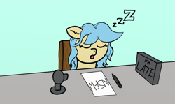 Size: 1107x661 | Tagged: safe, artist:leapingriver, artist:numbersinc, oc, oc only, oc:leapingriver, pony, chair, ear fluff, female, green background, mare, open mouth, simple background, sleeping, solo, streaming, table, zzz