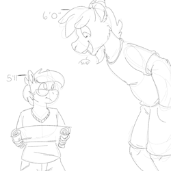 Size: 700x700 | Tagged: safe, artist:goat train, oc, oc only, oc:goatmod, oc:paige, anthro, 5'11" vs 6'0", lineart, manlet, meme, monochrome, size difference, sketch