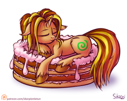 Size: 1000x800 | Tagged: safe, artist:skorpionletun, oc, oc only, pony, unicorn, cake, dream, female, food, mare, patreon, patreon logo, solo, unshorn fetlocks