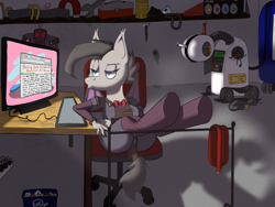 Size: 3600x2700 | Tagged: safe, artist:skydiggitydive, oc, oc only, oc:wing dancer, anthro, bat pony, robot, chair, clothes, computer, hooves up, indoors, plumbus, portal, portal (valve), solo, text, trash, wheatley