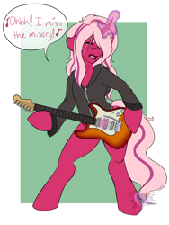 Size: 3000x4000 | Tagged: safe, artist:manestreamstudios, oc, oc only, oc:pynk hyde, semi-anthro, unicorn, clothes, crying, curved horn, dialogue, glowing horn, guitar, jacket, leather jacket, rocker, singing, tribute to halestorm