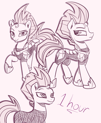 Size: 2300x2800 | Tagged: safe, artist:katakiuchi4u, tempest shadow, pony, unicorn, my little pony: the movie, armor, broken horn, eye scar, female, looking at you, mare, monochrome, raised hoof, scar, sketch, smiling, solo