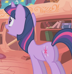 Size: 536x550 | Tagged: safe, screencap, twilight sparkle, unicorn twilight, unicorn, winter wrap up, butt, cropped, female, golden oaks library, plot, solo, twibutt