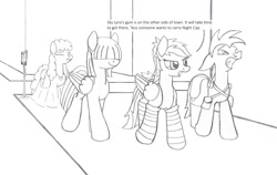 Size: 1505x952 | Tagged: safe, artist:dsb71013, oc, oc only, oc:maplejack, oc:misty monsoon, oc:night cap, oc:rhapsody, comic, gotta go fast, monochrome, pre sneeze, running, walking