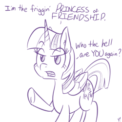 Size: 2000x2000 | Tagged: dead source, safe, artist:yakoshi, twilight sparkle, twilight sparkle (alicorn), alicorn, pony, arrogant, dialogue, monochrome, solo