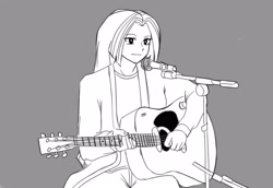 Size: 2863x1975 | Tagged: safe, artist:nairdags, aria blaze, equestria girls, grayscale, guitar, kurt cobain, microphone, monochrome, nirvana, simple background, smiling, solo