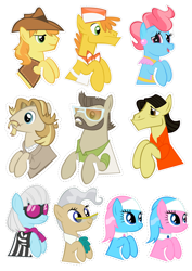 Size: 2480x3508 | Tagged: safe, artist:oceanbreezebrony, aloe, braeburn, carrot cake, colter sobchak, cup cake, donny, jeff letrotski, lotus blossom, mayor mare, photo finish, pony, female, high res, male, mare, simple background, stallion, sticker, theodore donald "donny" kerabatsos, transparent background, walter sobchak