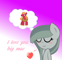 Size: 1090x1056 | Tagged: safe, artist:lauraselenaantonia, big macintosh, marble pie, pony, female, heart, male, marblemac, shipping, straight, thought bubble