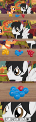 Size: 607x2048 | Tagged: safe, artist:lunahazacookie, saffron masala, oc, oc:nightwish, pony, captions, chocolate, comic, food, inside joke, internal, kurta, m&m's, manip, ocd, panic, table, the tasty treat, vector, zoomed in