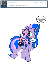 Size: 600x800 | Tagged: safe, artist:dekomaru, oc, oc only, oc:aurora, oc:midnight, pony, unicorn, ask, baby, baby pony, female, magical lesbian spawn, mare, offspring, parent:trixie, parent:twilight sparkle, parents:twixie, ponies riding ponies, tumblr, tumblr:ask twixie