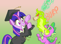 Size: 2800x2000 | Tagged: safe, artist:docwario, spike, twilight sparkle, dragon, pony, atg 2017, burp, clothes, diploma, female, fire, green fire, hat, mare, newbie artist training grounds