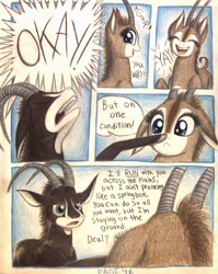 Size: 1080x1360 | Tagged: safe, artist:thefriendlyelephant, oc, oc only, oc:sabe, oc:uganda, antelope, giant sable antelope, comic:sable story, animal in mlp form, boop, comic, cute, excited, gasp, horns, okay, traditional art, yay, yelling