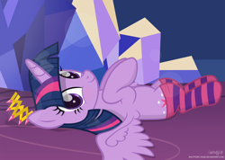 Size: 3038x2165 | Tagged: safe, artist:shutterflyeqd, twilight sparkle, twilight sparkle (alicorn), alicorn, pony, blushing, clothes, crown, crystal, cute, jewelry, lying, new crown, on back, regalia, smiling, socks, solo, striped socks, twiabetes