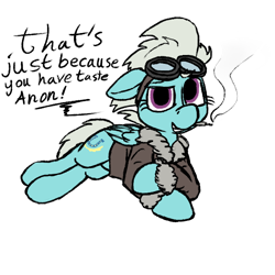 Size: 600x600 | Tagged: safe, artist:thebathwaterhero, fleetfoot, pegasus, pony, bomber jacket, cigarette, clothes, goggles, jacket, smoking, solo