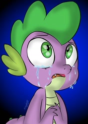 Size: 900x1273 | Tagged: safe, artist:emositecc, spike, dragon, crying, fangs, gradient background, open mouth, solo