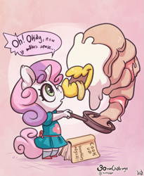 Size: 1067x1300 | Tagged: safe, artist:atryl, sweetie belle, anthro, 30 minute art challenge, book, breakfast is ruined, clothes, cooking, dialogue, dress, food monster, lethal chef, living object, monster, sweetie belle can't cook, sweetie fail